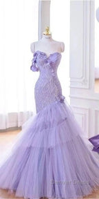 Purple Mermaid Sweetheart Neck Tulle Beaded Long Prom Dress Strapless Sequin Applique Wedding Dresses