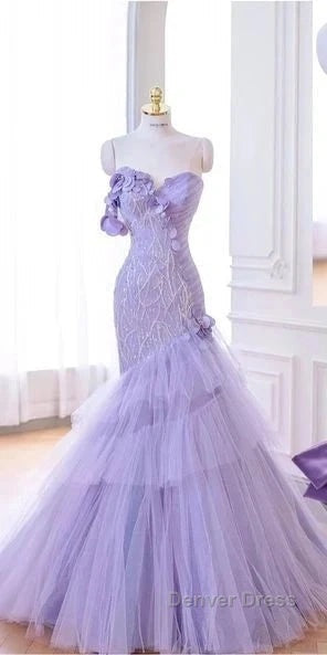 Purple Mermaid Sweetheart Neck Tulle Beaded Long Prom Dress Strapless Sequin Applique Wedding Dresses