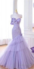 Purple Mermaid Sweetheart Neck Tulle Beaded Long Prom Dress Strapless Sequin Applique Wedding Dress