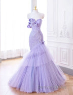 Purple Mermaid Sweetheart Neck Tulle Beaded Long Prom Dress Strapless Sequin Applique Wedding Dresses