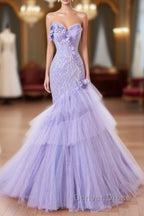 Purple Mermaid Sweetheart Neck Tulle Beaded Long Prom Dresses Strapless Sequin Applique Wedding Dresses