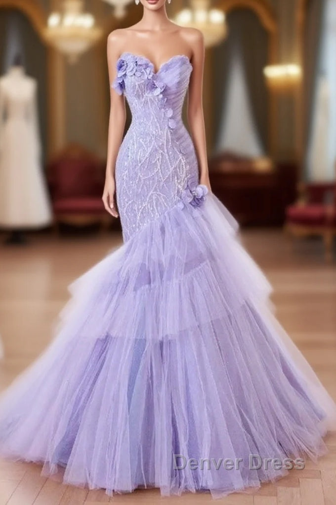 Purple Mermaid Sweetheart Neck Tulle Beaded Long Prom Dress Strapless Sequin Applique Wedding Dresses Main image