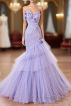 Purple Mermaid Sweetheart Neck Tulle Beaded Long Prom Dress Strapless Sequin Applique Wedding Dresses