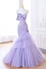 Purple Mermaid Sweetheart Neck Tulle Beaded Long Prom Dress Strapless Sequin Applique Wedding Dress
