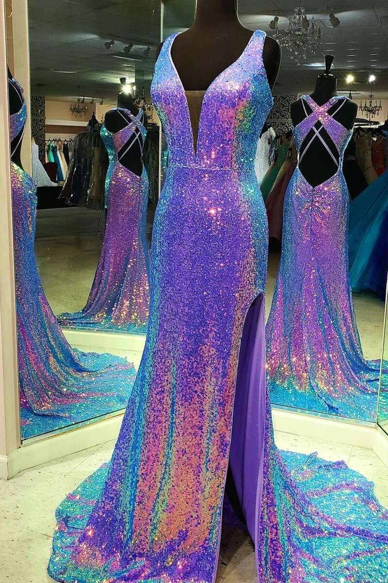 Purple Multi Sequins V-Neck Cross Back Long Prom Dresses Main image