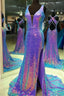 Purple Multi Sequins V-Neck Cross Back Long Prom Dresses