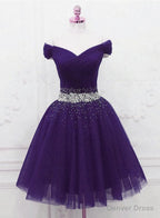 Purple Off Shoulder Knee Length Beaded Tulle Homecoming Dress, Sweetheart Short Prom Dresses