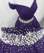 Purple Off Shoulder Knee Length Beaded Tulle Homecoming Dress, Sweetheart Short Prom Dresses