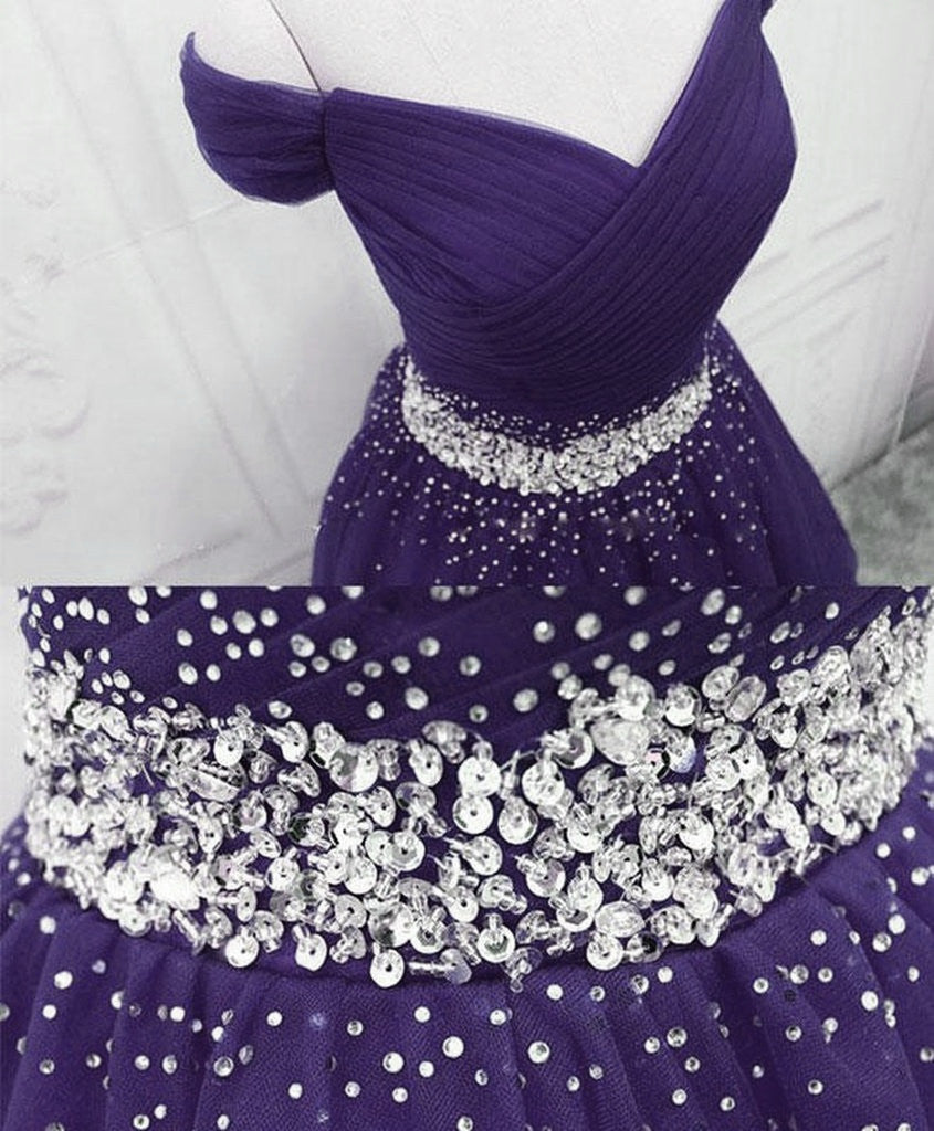 Purple Off Shoulder Knee Length Beaded Tulle Homecoming Dress, Sweetheart Short Prom Dresses