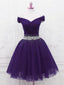 Purple Off Shoulder Knee Length Beaded Tulle Homecoming Dress, Sweetheart Short Prom Dresses