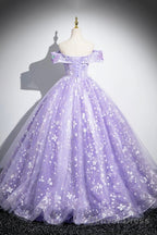 Purple Off Shoulder Lace Floor Length Prom Dress, Beautiful Sweet 16 Dress Prom Dresses