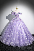 Purple Off Shoulder Lace Floor Length Prom Dress, Beautiful Sweet 16 Dress Prom Dresses