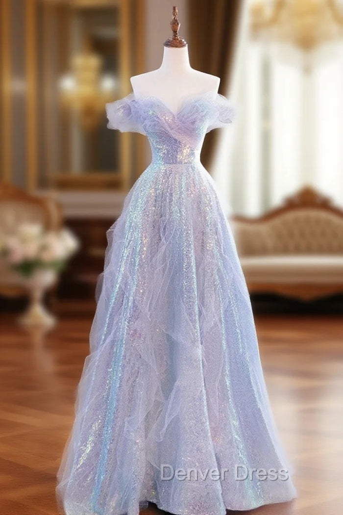 Purple Off Shoulder Sequin Tulle Long Prom Dresses, Purple Formal Evening Dresses