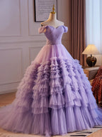 Purple Off Shoulder Sweetheart Tulle Sweet 16 Dress, Purple Tulle Long Prom Dresses