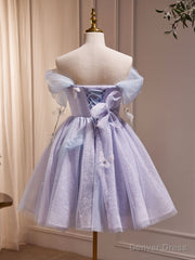 Purple Off Shoulder  Tulle Short Prom Dress, Purple Homecoming Dress