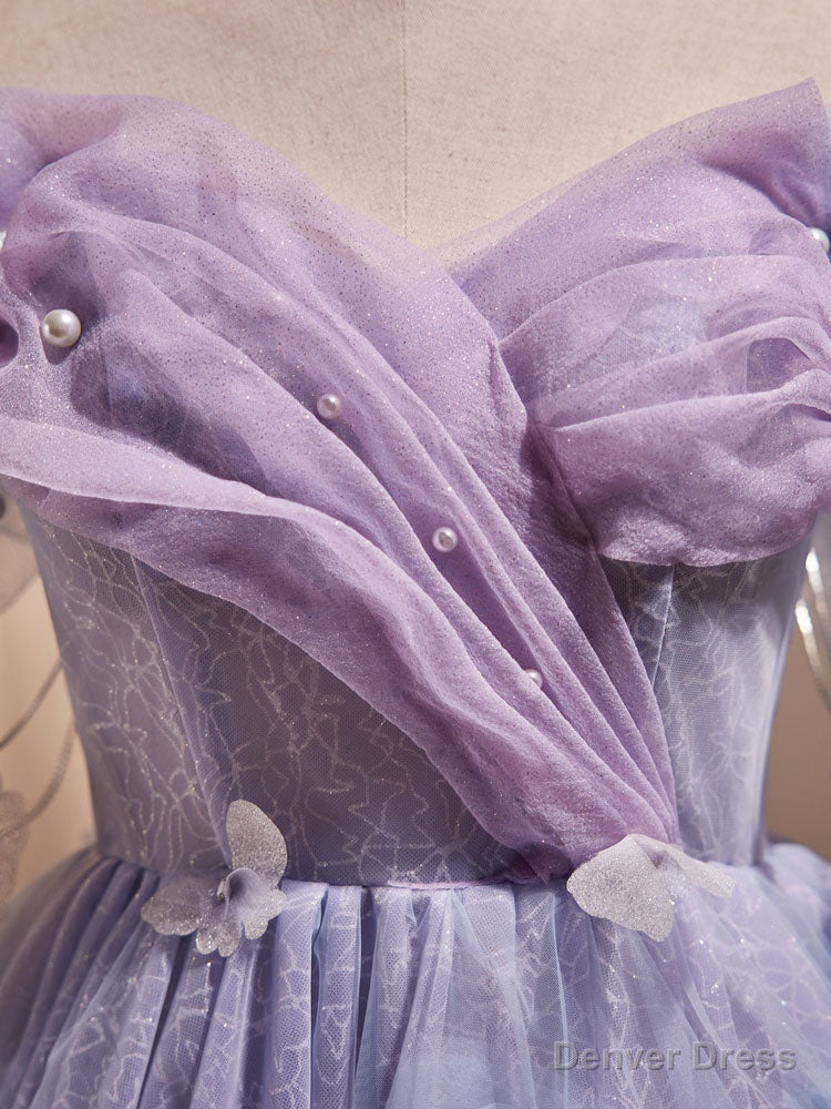Purple Off Shoulder Tulle Short Prom Dress, Purple Homecoming Dresses