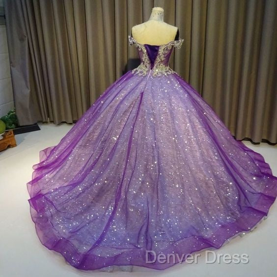 Purple Off The Shoulder Ball Gowns , Bling Bling Prom Dresses