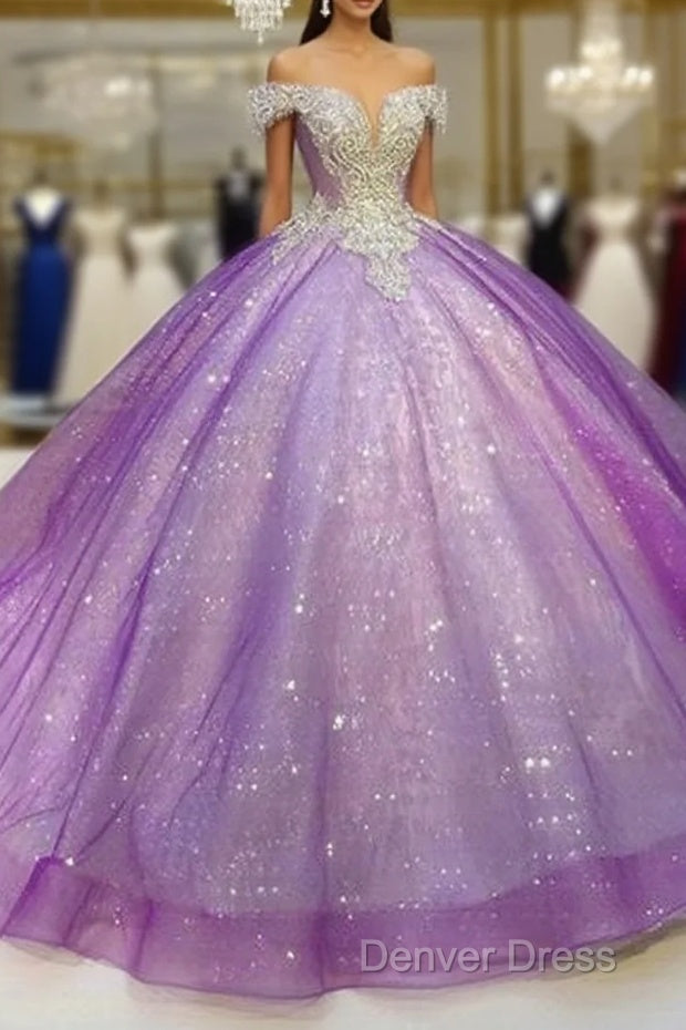 Purple Off The Shoulder Ball Gowns , Bling Bling Prom Dresses