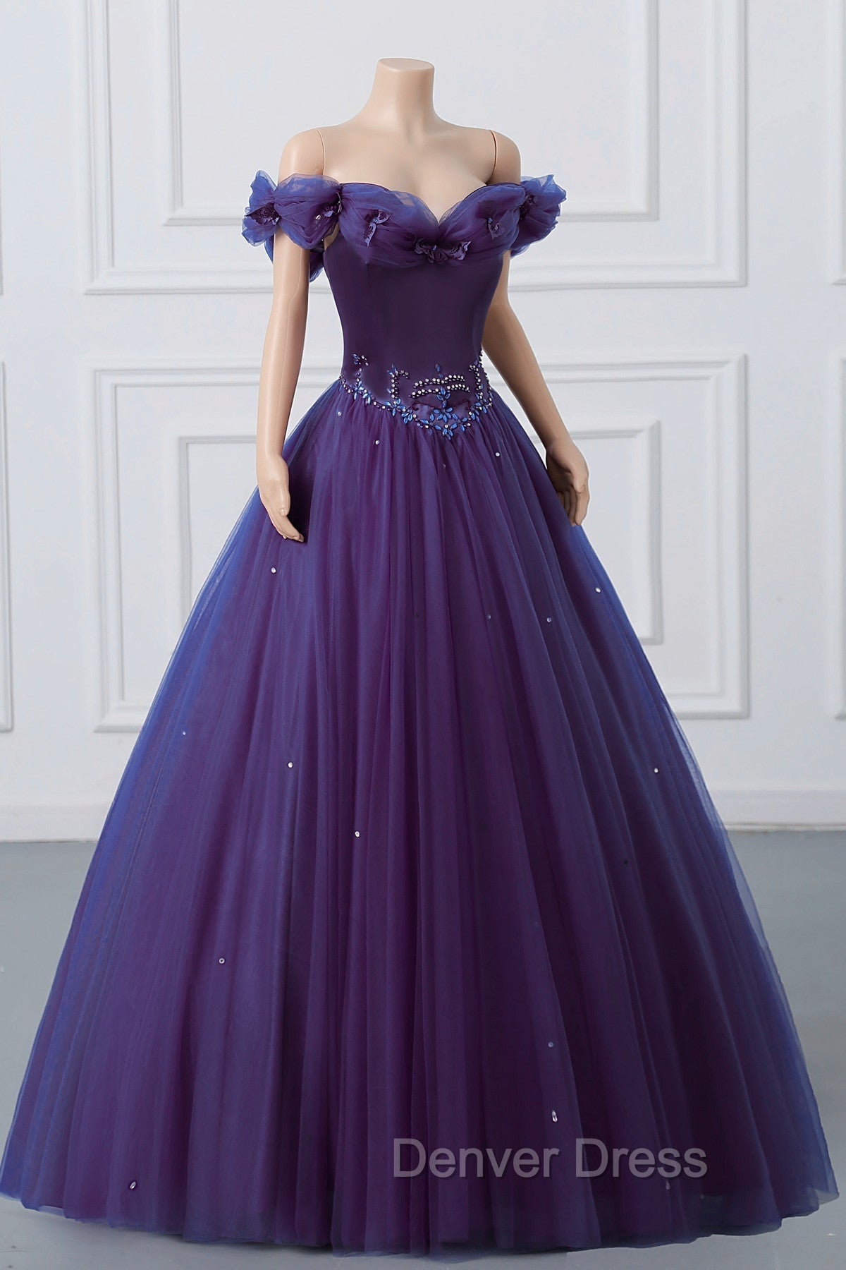Purple Off-The-Shoulder Sweetheart Party Dresses, Beaded Flowers Ball Gown Tulle Prom Dresses Secondary image
