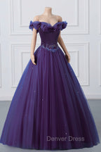 Purple Off-The-Shoulder Sweetheart Party Dresses, Beaded Flowers Ball Gown Tulle Prom Dresses