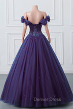 Purple Off-The-Shoulder Sweetheart Party Dresses, Beaded Flowers Ball Gown Tulle Prom Dresses