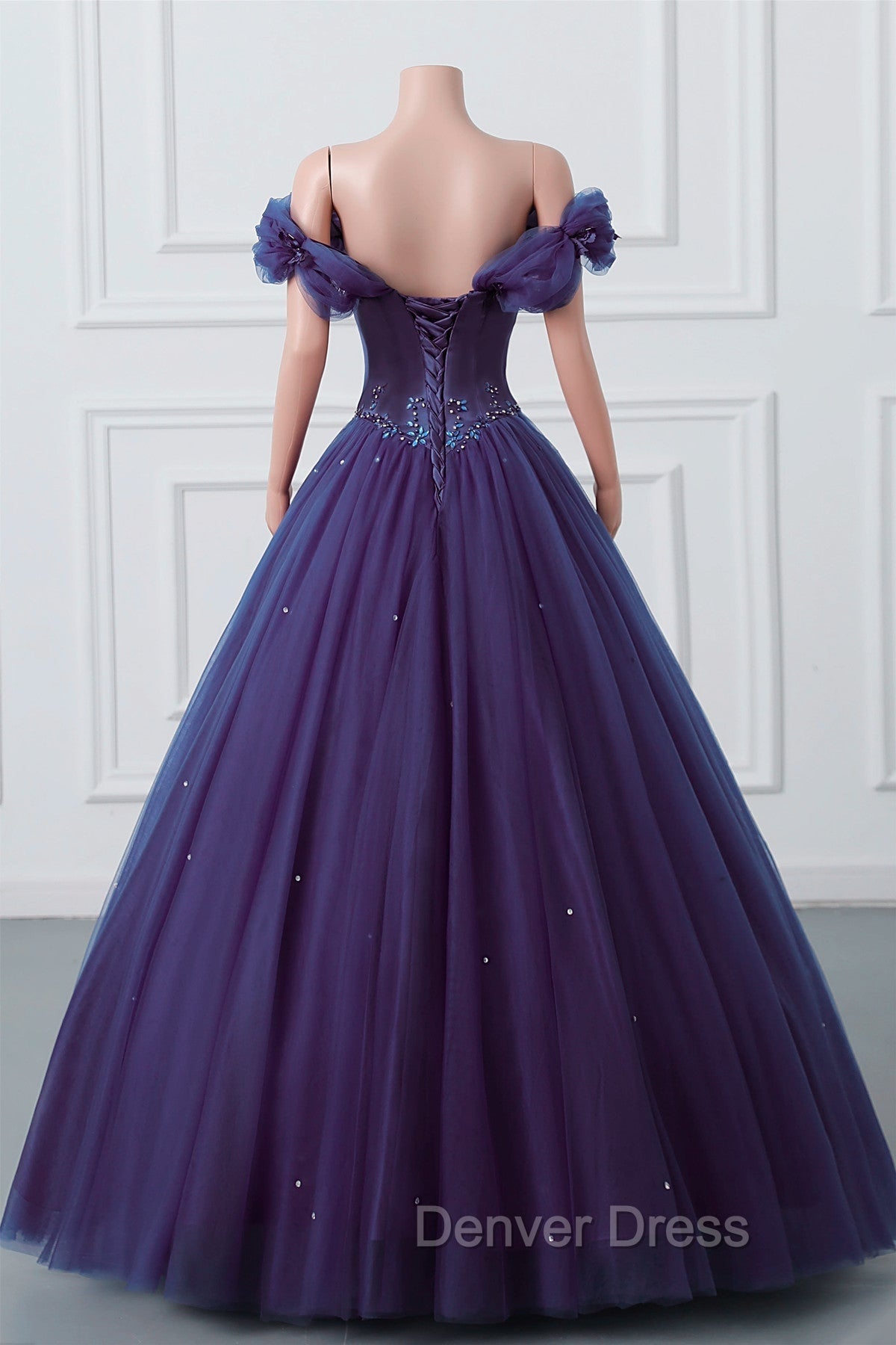 Purple Off-The-Shoulder Sweetheart Party Dresses, Beaded Flowers Ball Gown Tulle Prom Dresses
