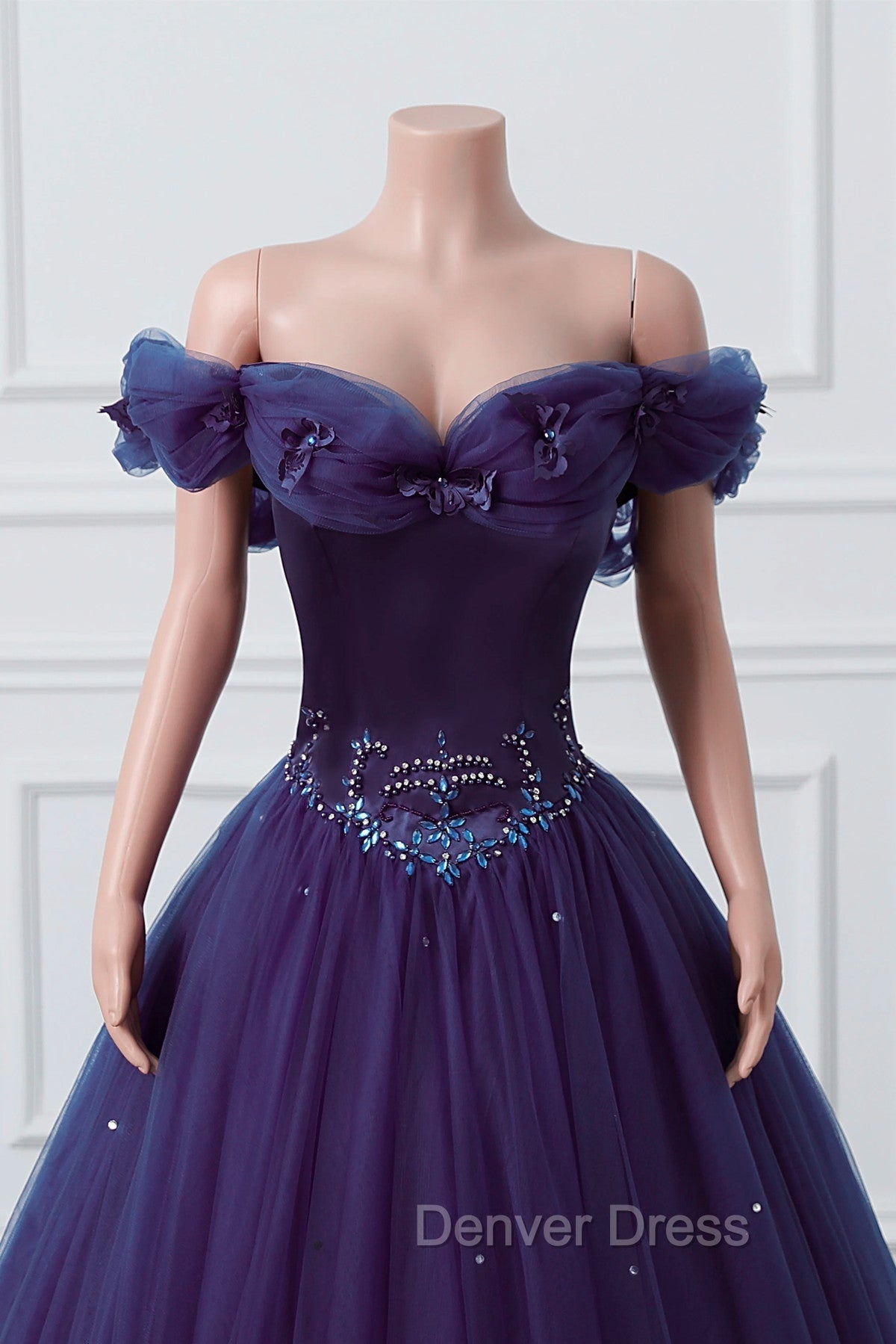 Purple Off-The-Shoulder Sweetheart Party Dresses, Beaded Flowers Ball Gown Tulle Prom Dresses