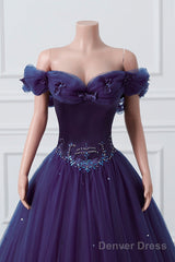 Purple Off-The-Shoulder Sweetheart Party Dress, Beaded Flowers Ball Gown Tulle Prom Dresses