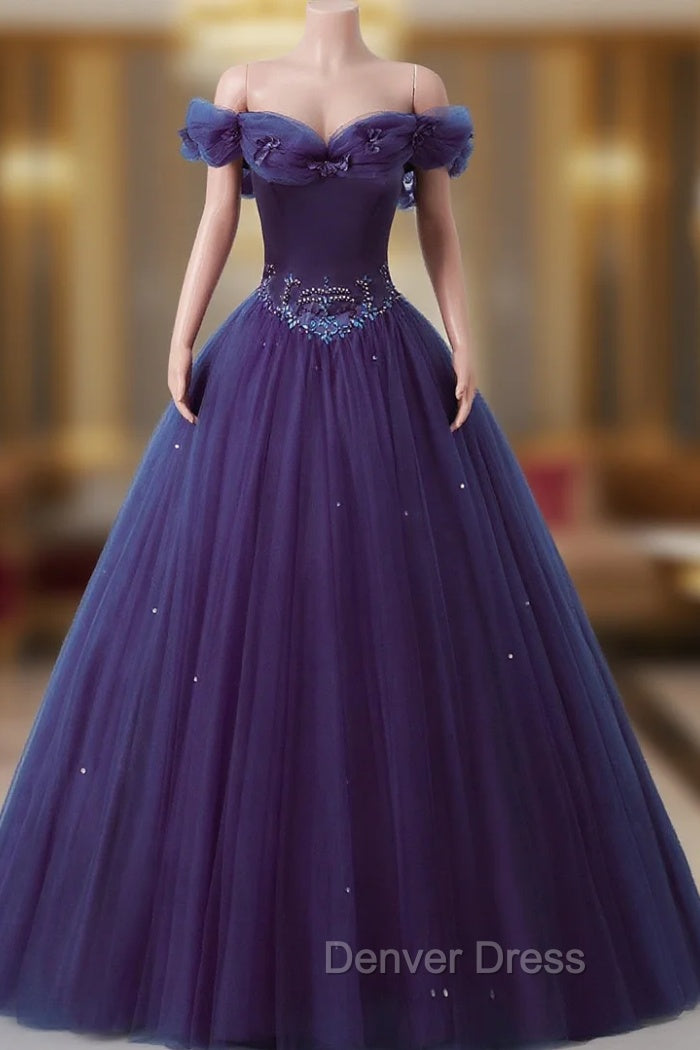 Purple Off-The-Shoulder Sweetheart Party Dresses, Beaded Flowers Ball Gown Tulle Prom Dresses Main image