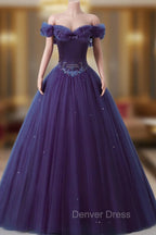 Purple Off-The-Shoulder Sweetheart Party Dresses, Beaded Flowers Ball Gown Tulle Prom Dresses
