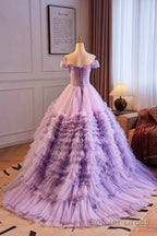 Purple Off The Shoulder Tiered Ruffles Long Ball Grown Prom Formal Party Dresses