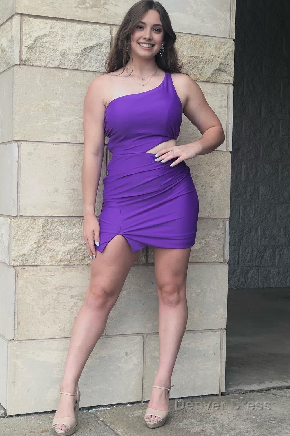 purple one shoulder homecoming dress with split front