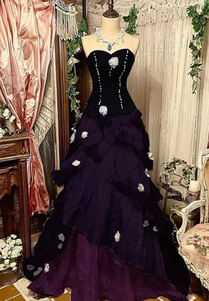 Purple Pink Blue Gradient Fashion Retro Elegant Delicate Floral Beads Sweet Elegant Long Tulle Floor Length Ball Gowns Prom Gowns