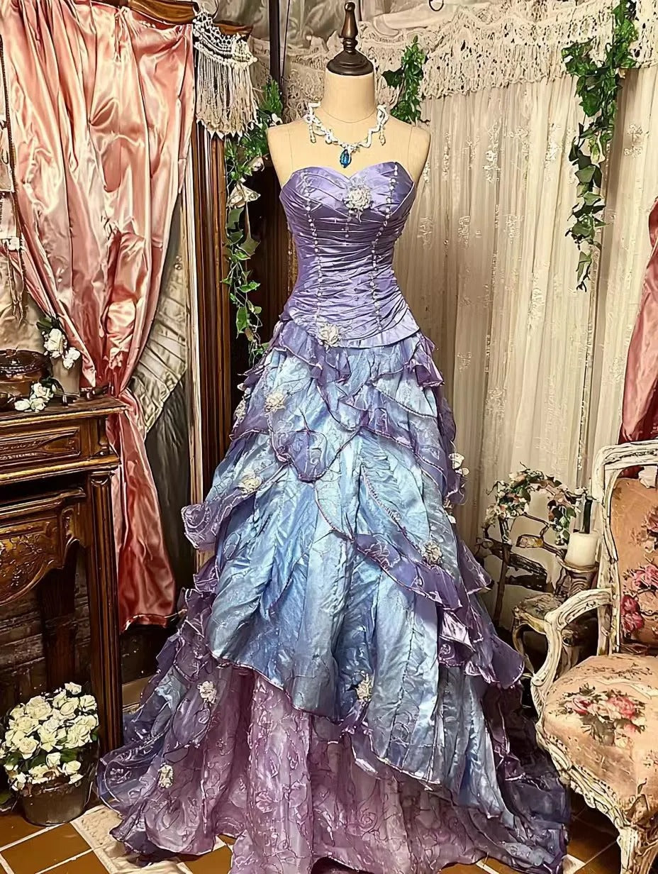 Purple Pink Blue Gradient Fashion Retro Elegant Delicate Floral Beads Sweet Elegant Long Tulle Floor Length Ball Gowns Prom Gowns Main image