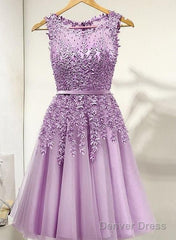 Purple Round Neckline Tulle Short Beaded Lace Knee Length Homecoming Dress