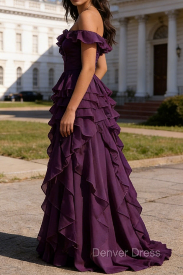 Purple Ruffled A-Line Square Neck Long Prom Dresses Secondary image