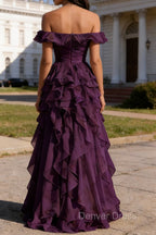 Purple Ruffled A-Line Square Neck Long Prom Dresses