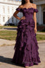 Purple Ruffled A-Line Square Neck Long Prom Dresses
