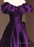 Purple Satin A-Line Off Shoulder Long Evening Dresses, Purple Satin Prom Dresses