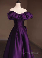 Purple Satin A-Line Off Shoulder Long Evening Dresses, Purple Satin Prom Dresses
