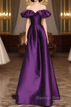 Purple Satin A-Line Off Shoulder Long Evening Dresses, Purple Satin Prom Dresses