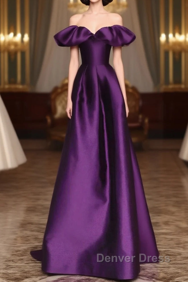 Purple Satin A-Line Off Shoulder Long Evening Dresses, Purple Satin Prom Dresses