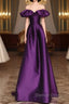 Purple Satin A-Line Off Shoulder Long Evening Dresses, Purple Satin Prom Dresses