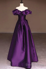 Purple Satin A-Line Off Shoulder Long Evening Dress, Purple Satin Prom Dress