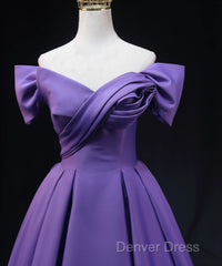 Purple Satin A-Line Off Shoulder Long Party Dresses, Purple Evening Dresses Prom Dresses