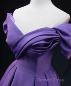 Purple Satin A-Line Off Shoulder Long Party Dresses, Purple Evening Dresses Prom Dresses
