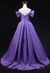 Purple Satin A-Line Off Shoulder Long Party Dresses, Purple Evening Dresses Prom Dresses