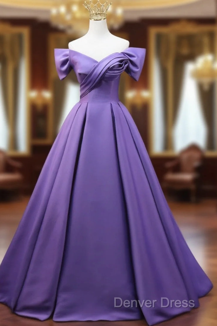 Purple Satin A-Line Off Shoulder Long Party Dresses, Purple Evening Dresses Prom Dresses Main image