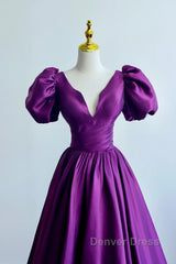 Purple Satin A-Line Short Sleeves Long Formal Dresses, Purple Evening Dresses Prom Dresses