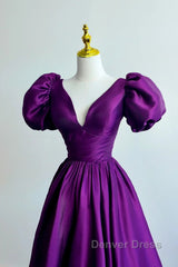 Purple Satin A-Line Short Sleeves Long Formal Dresses, Purple Evening Dresses Prom Dresses